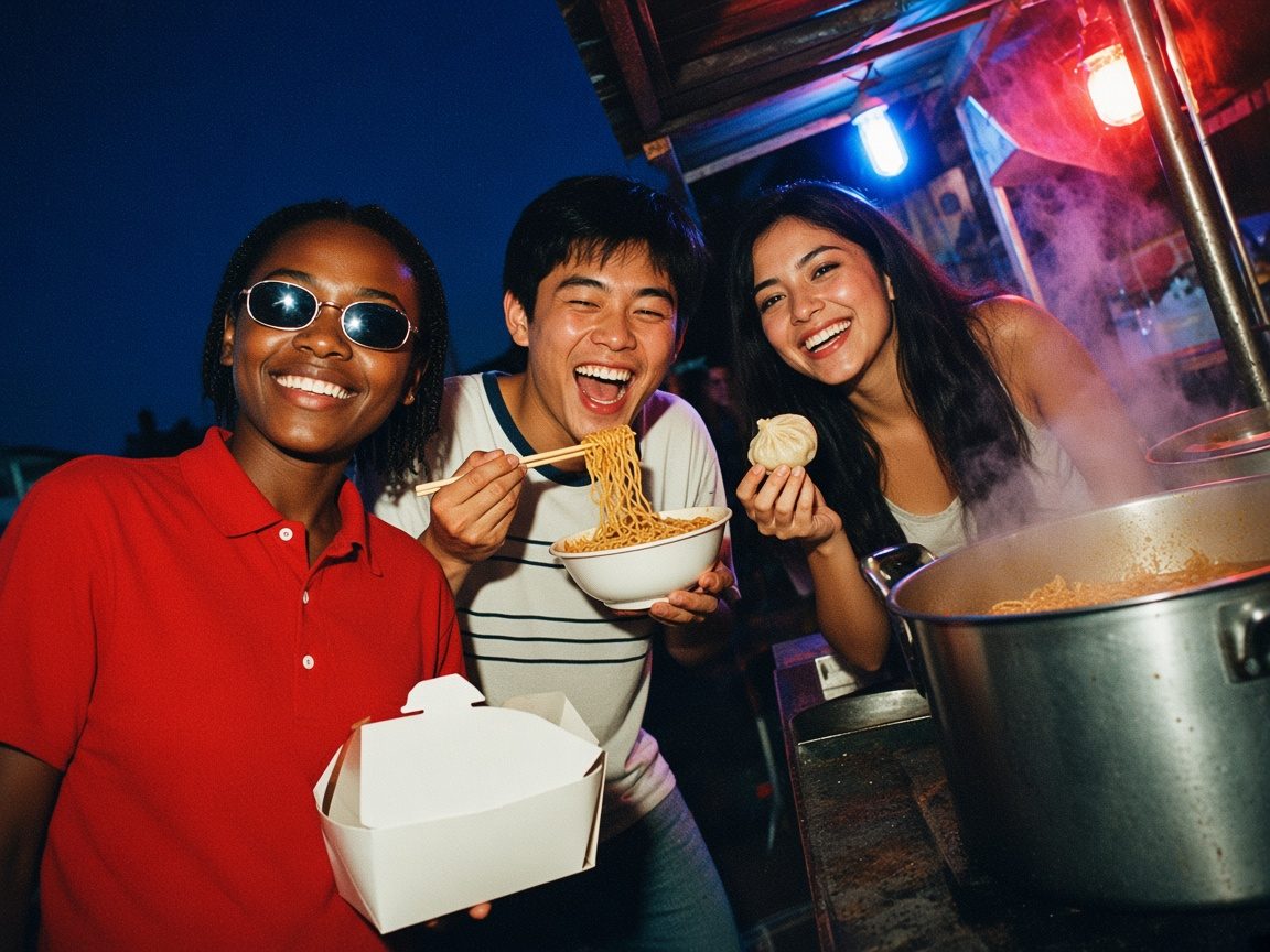Three friends laughing at a late-night noodle stand, one slurping noodles.
