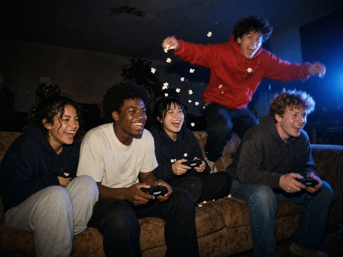 Friends on a couch playing video games at night, one jumping up and throwing popcorn.