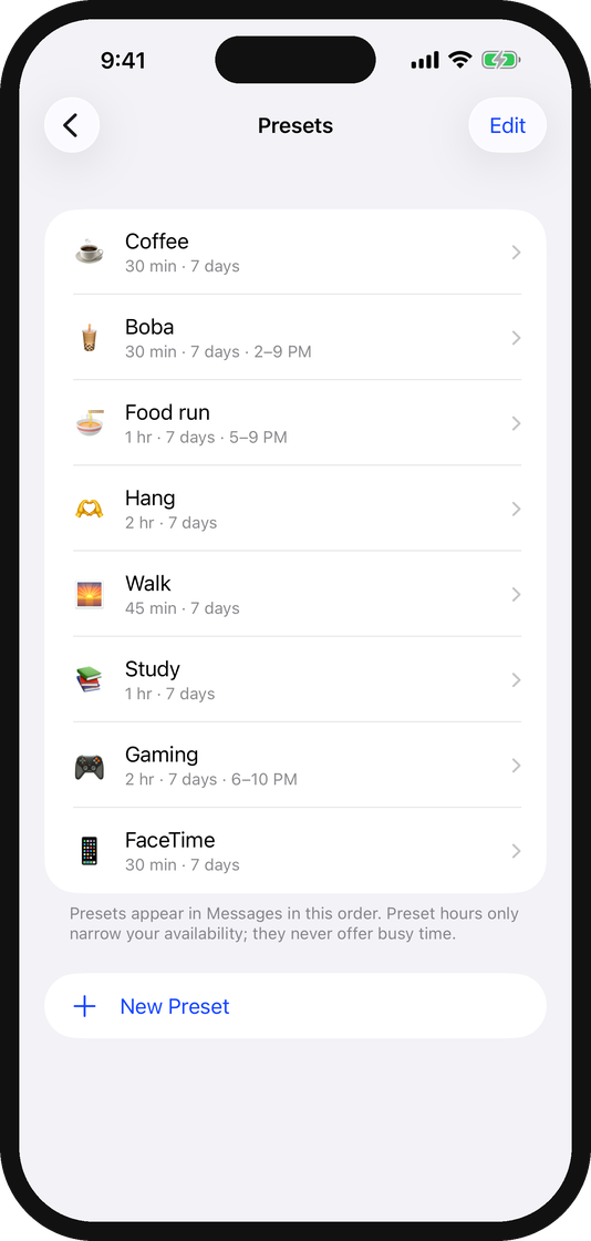 The sometime. presets list: Coffee, Boba, Food run, Hang, Walk, Study, Gaming and FaceTime.