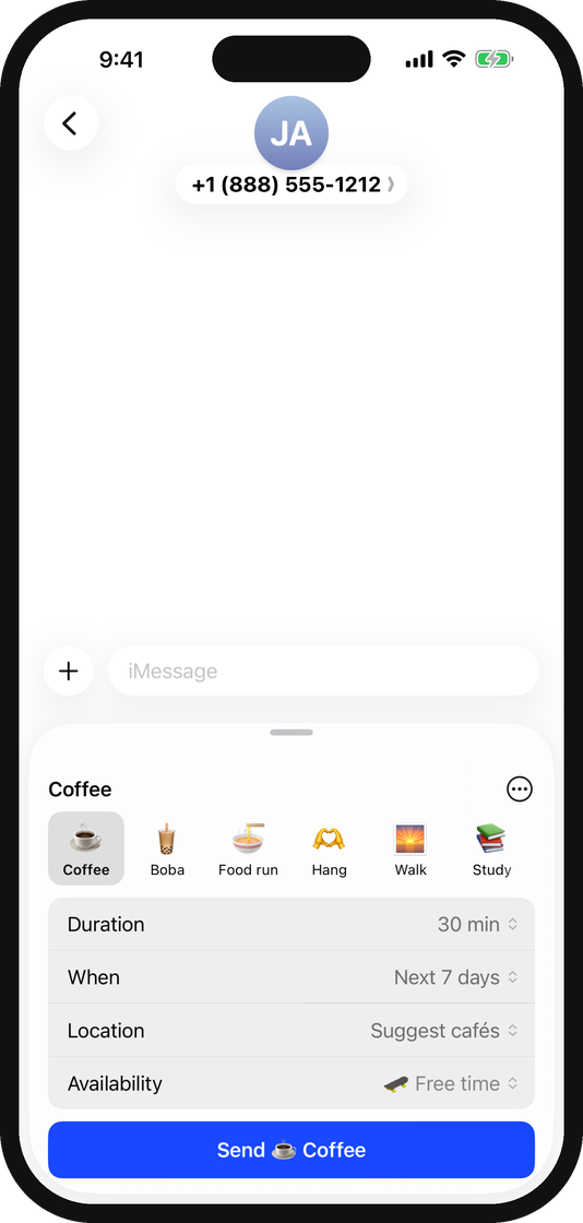 The sometime. composer in Messages with Coffee, Boba, Food run and more presets, Coffee selected.